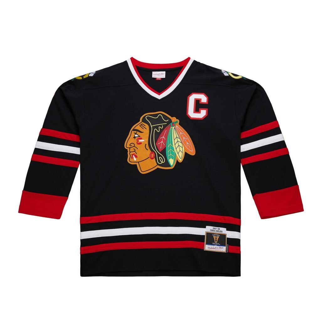 Chris Chelios Chicago Blackhawks NHL 1997-98 Power Play Dark Alternate Jersey Mitchell & Ness Black/Red