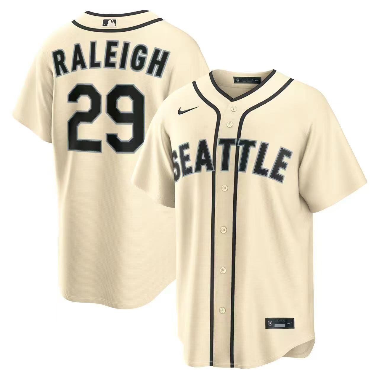 Stitched Seattle Mariners Cal Raleigh #29 Nike Teal White Beige Navy Baseball Jersey - Image 2