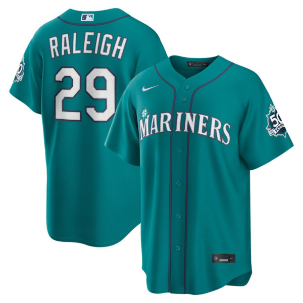 Stitched Seattle Mariners Cal Raleigh #29 Nike Teal White Beige Navy Baseball Jersey