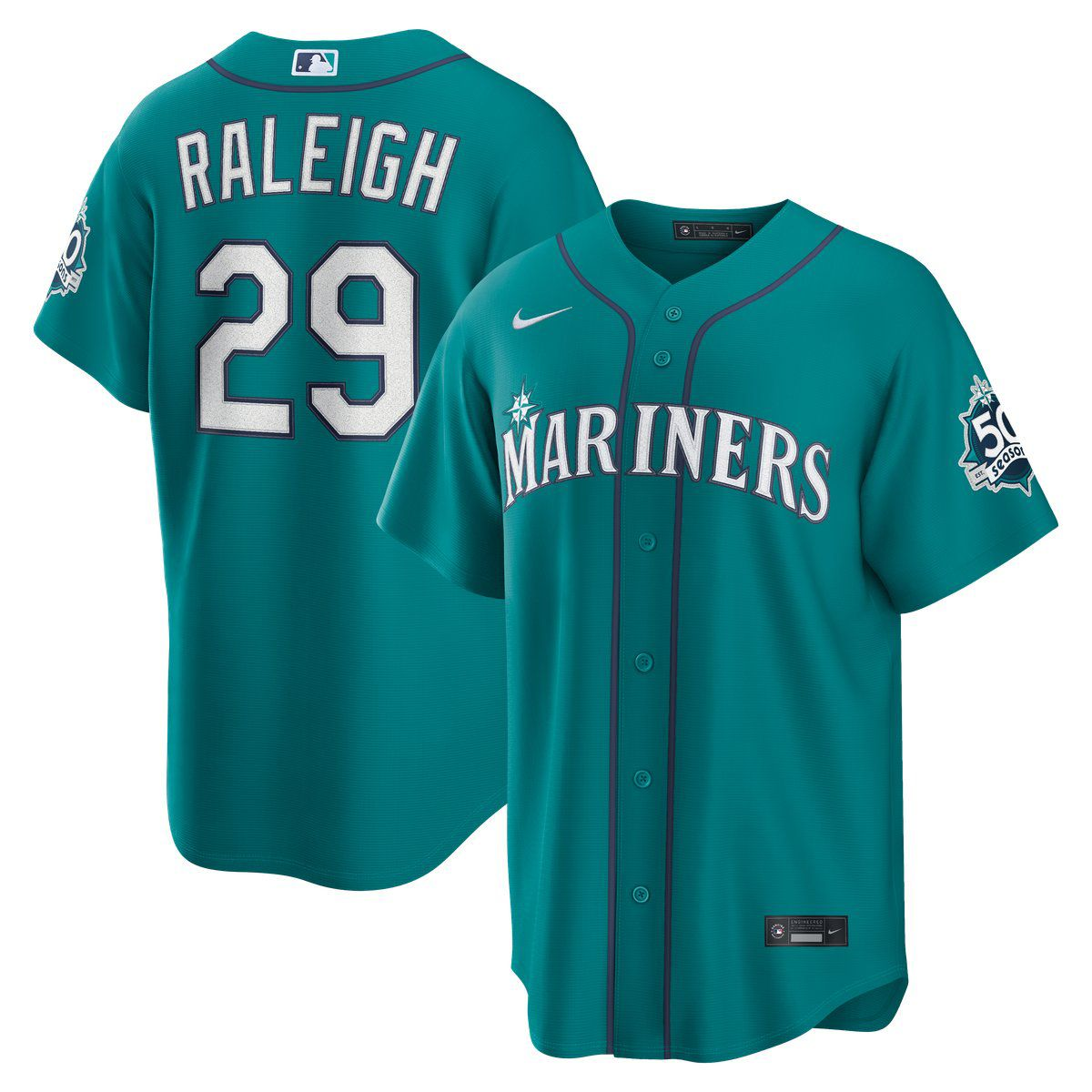 Stitched Seattle Mariners Cal Raleigh #29 Nike Teal White Beige Navy Baseball Jersey