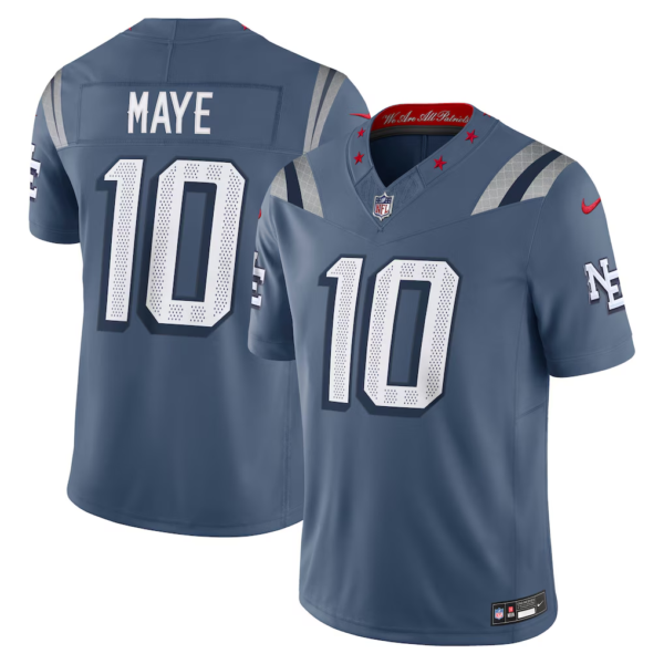 Men's Nike Drake Maye Red White Navy New England Patriots Game Jersey