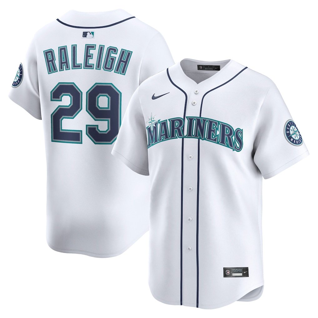 Stitched Seattle Mariners Cal Raleigh #29 Nike Teal White Beige Navy Baseball Jersey - Image 4