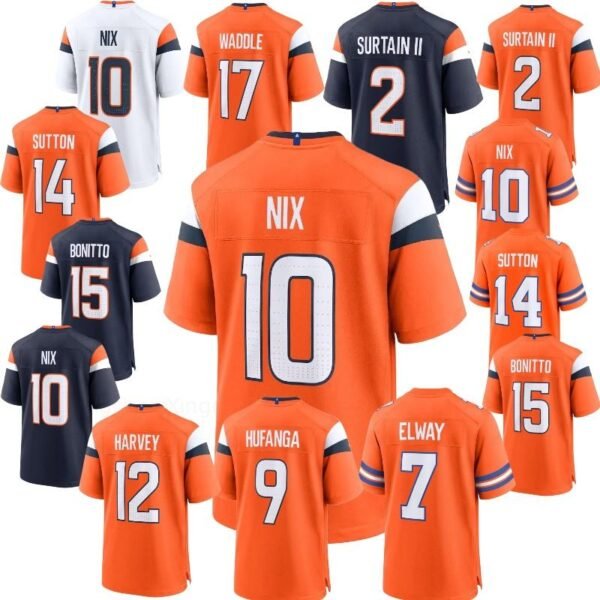 Denver Broncos Bo Nix #10 Sutton #14 Waddle #17 Surtain #2 Bonitto #15 Navy Orange Stitched NFL Jersey Nike