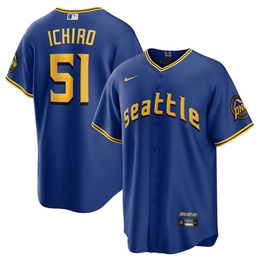 Seattle Mariners City Connect 51 Ichiro Men Stitched Royal White Beige MLB Shirts - Image 3