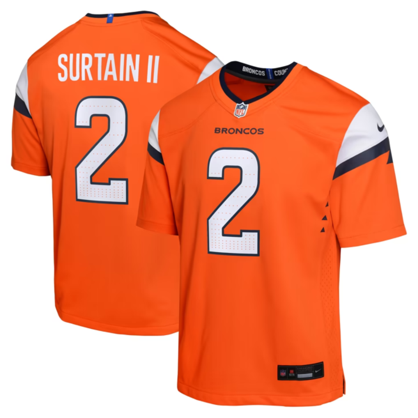 Stitched Denver Broncos Patrick Surtain II Nike White Orange Youth Jersey