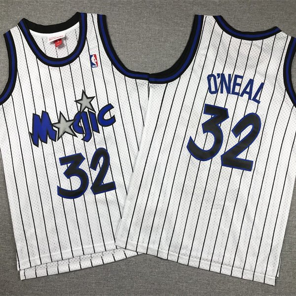 Orlando Magic #32 Shaquille O'Neal Mitchell Ness White Blue Black Youth NBA Shirt