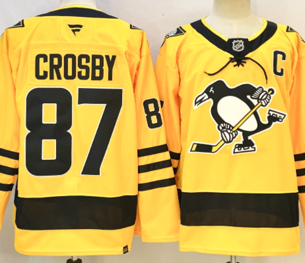 SIDNEY CROSBY #87 #71 #66 #58 YELLOW PITTSBURGH PENGUINS HOCKEY JERSEY