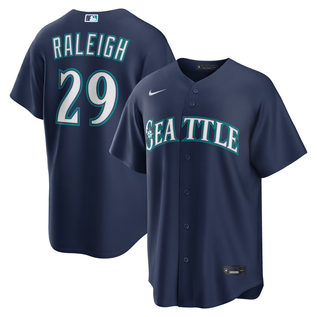 Stitched Seattle Mariners Cal Raleigh #29 Nike Teal White Beige Navy Baseball Jersey - Image 3