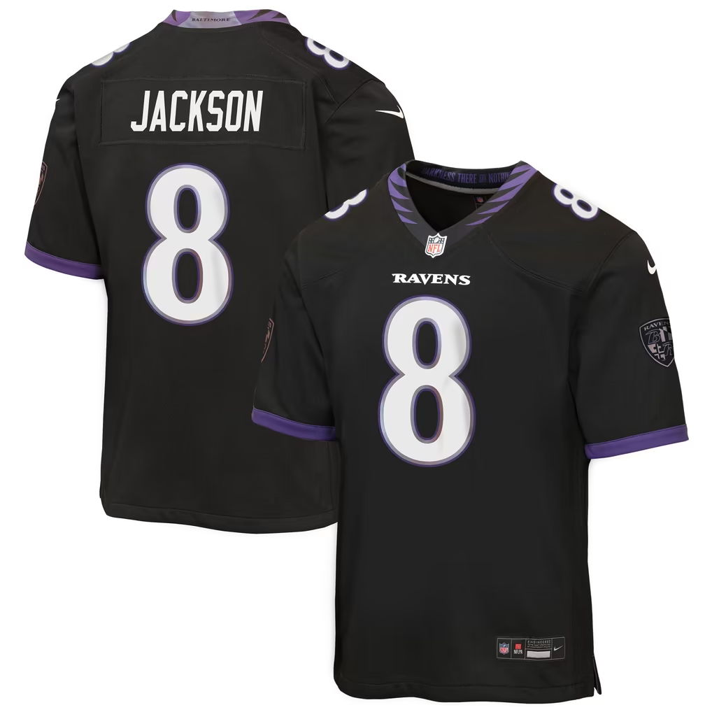 Youth Baltimore Ravens Lamar Jackson #8 Nike Purple Black White NFL Jerseys - Image 3