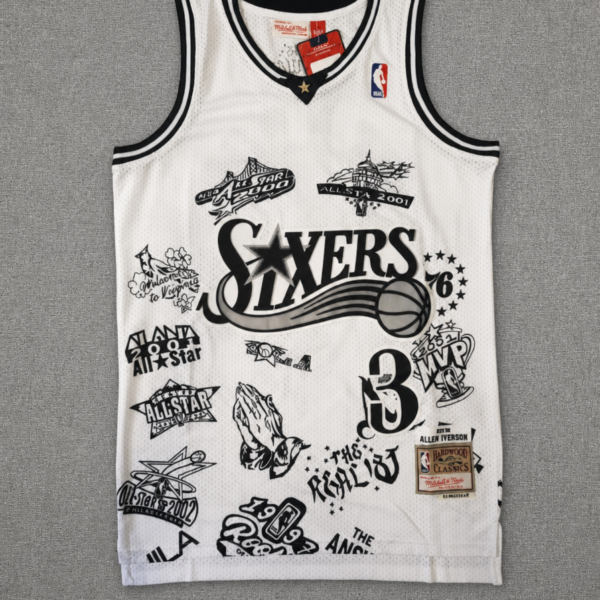 Men Mitchell & Ness Allen Iverson White Black Philadelphia 76ers Hardwood Classics Tattoo Jersey